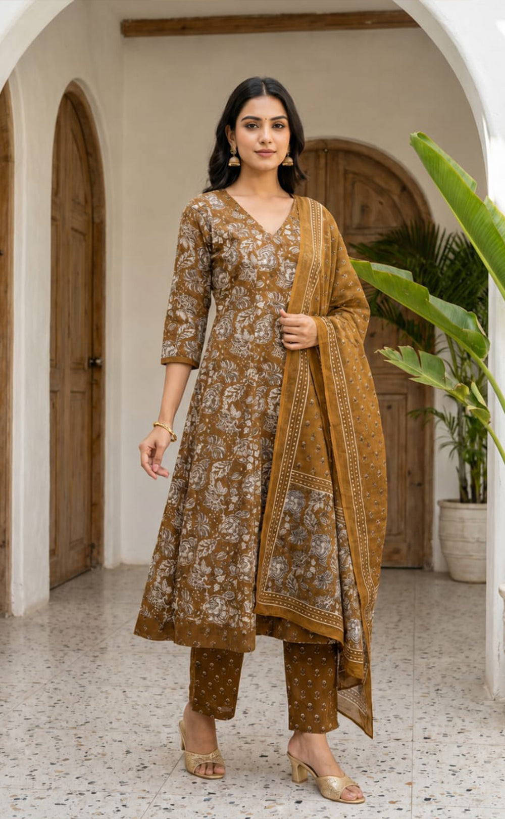 Mustard Yellow Cotton All-Over Floral Printed Patiyala Set