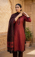 Deep Red Cotton Abstract Printed Patiyala Set