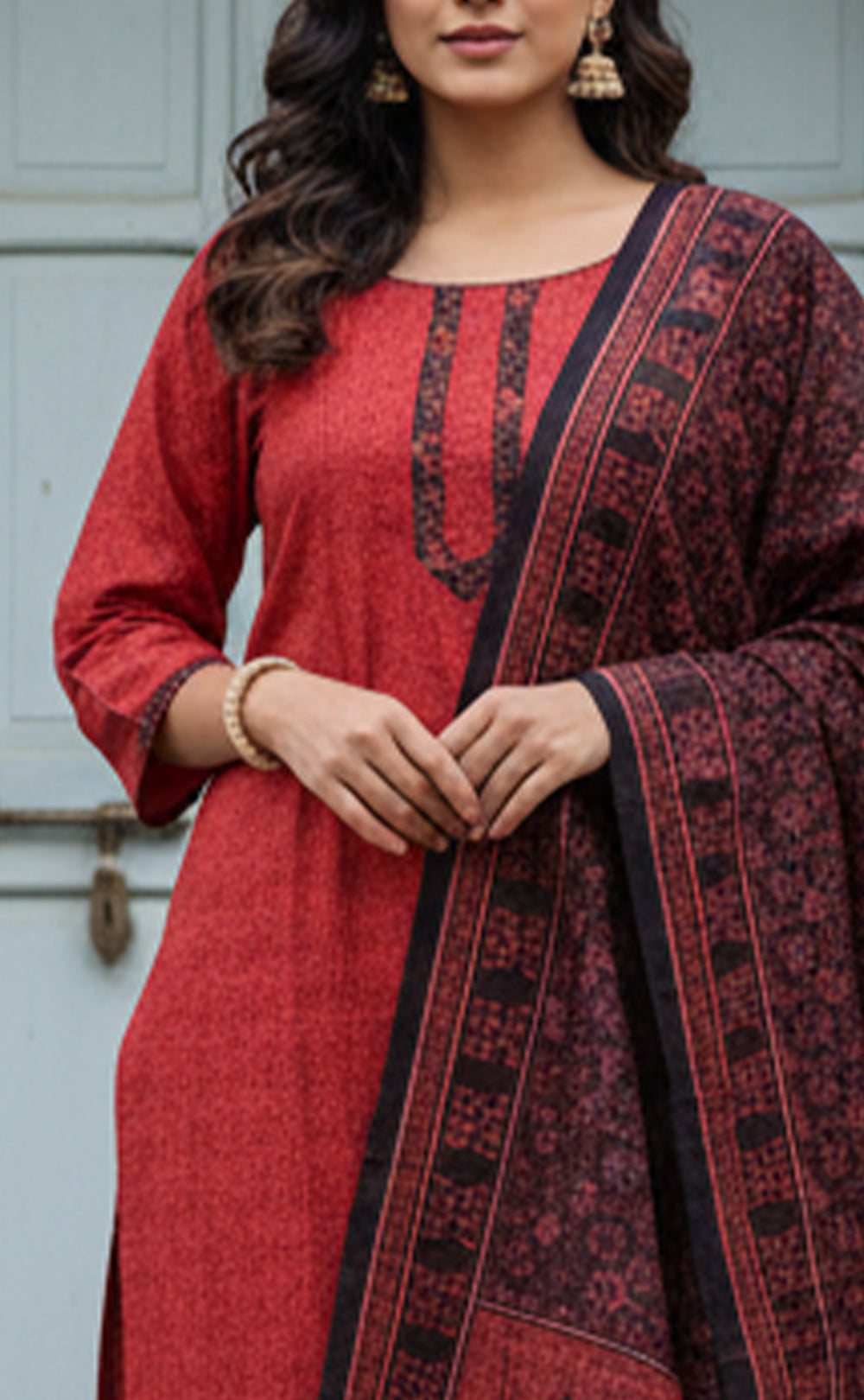 Deep Red Cotton Abstract Printed Patiyala Set