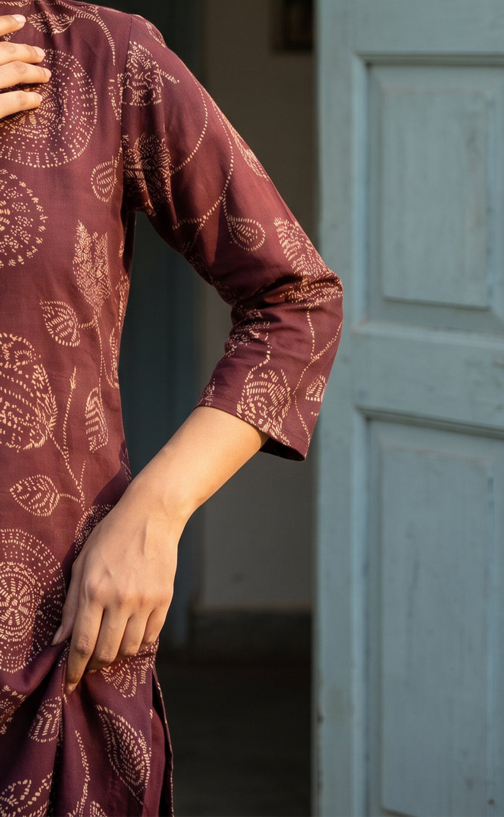 Deep Wine Cotton Leaf Printed Patiyala Set