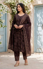 Deep Wine Cotton Leaf Printed Patiyala Set