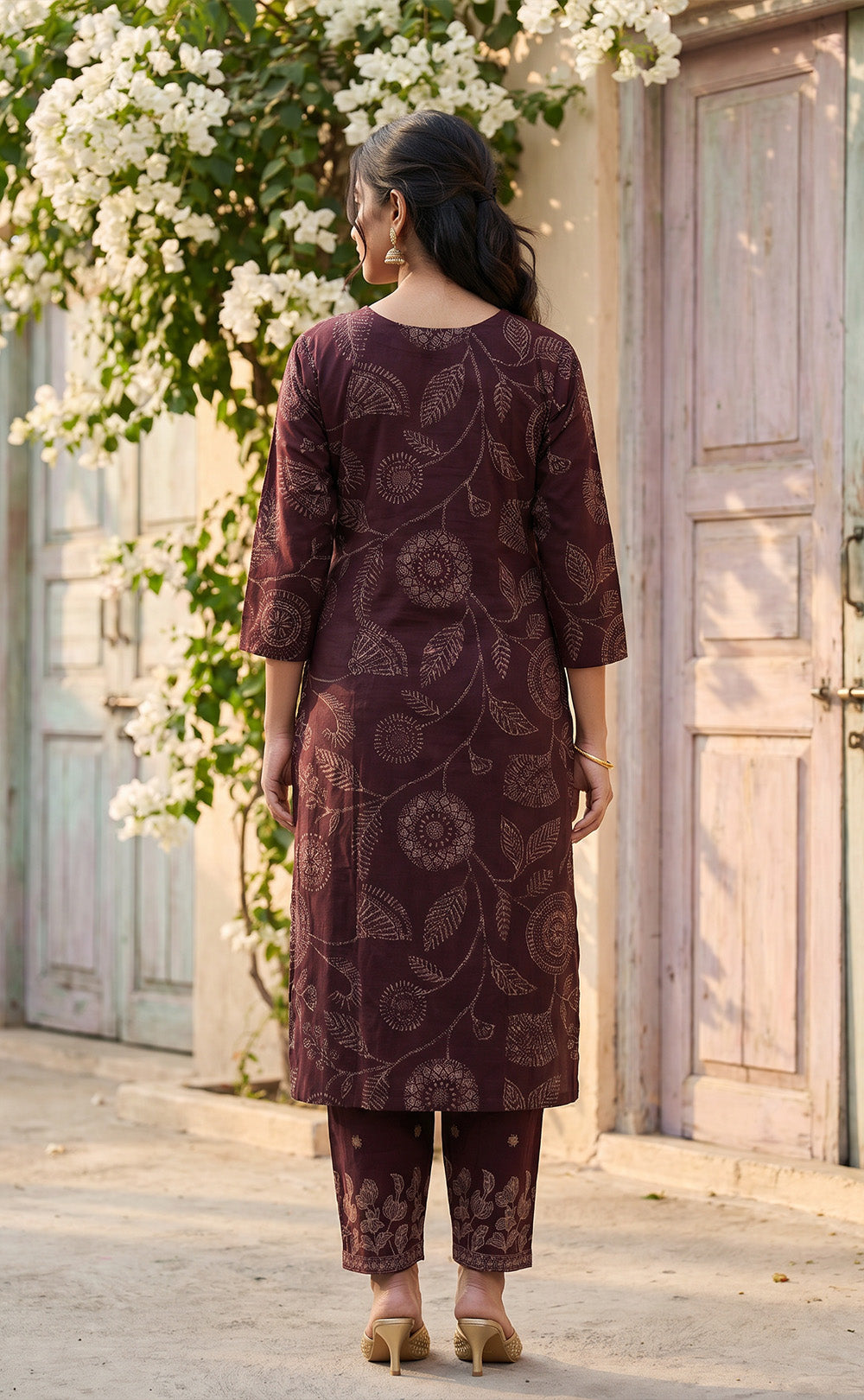 Deep Wine Cotton Leaf Printed Patiyala Set