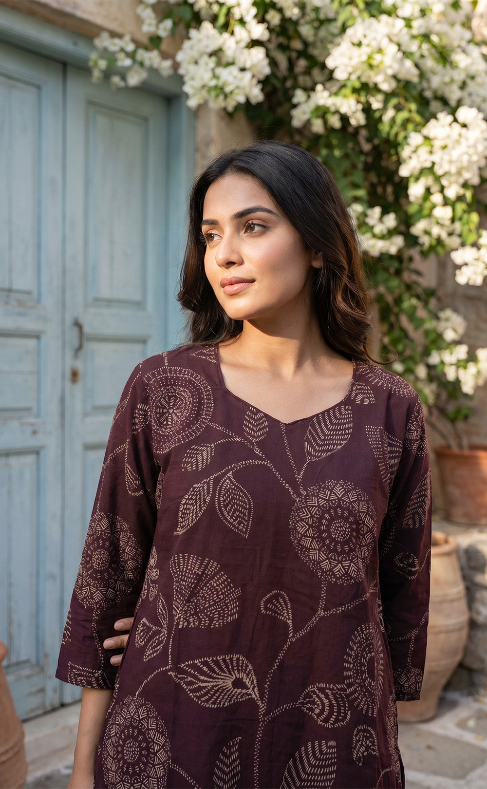 Deep Wine Cotton Leaf Printed Patiyala Set