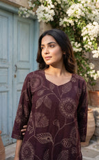 Deep Wine Cotton Leaf Printed Patiyala Set