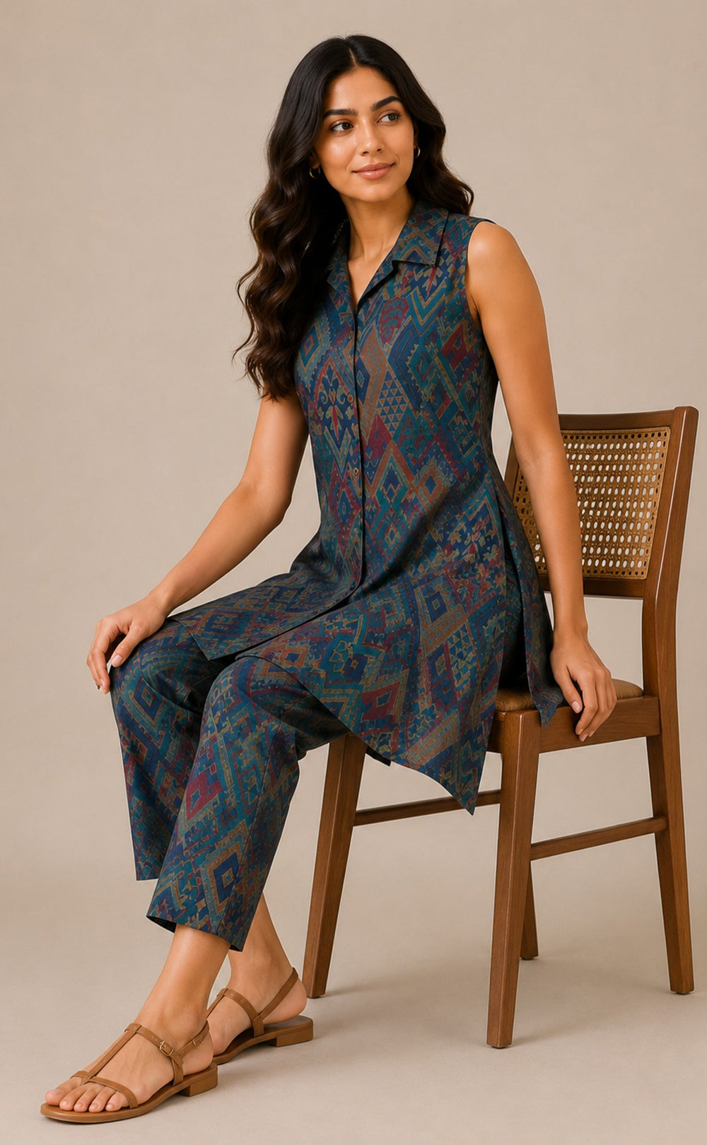 Navy Blue Modal Geometric Print Co-ord Set