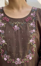 Dark Chocolate Brown Roman Silk Thread Embroidered Work Straight Kurti
