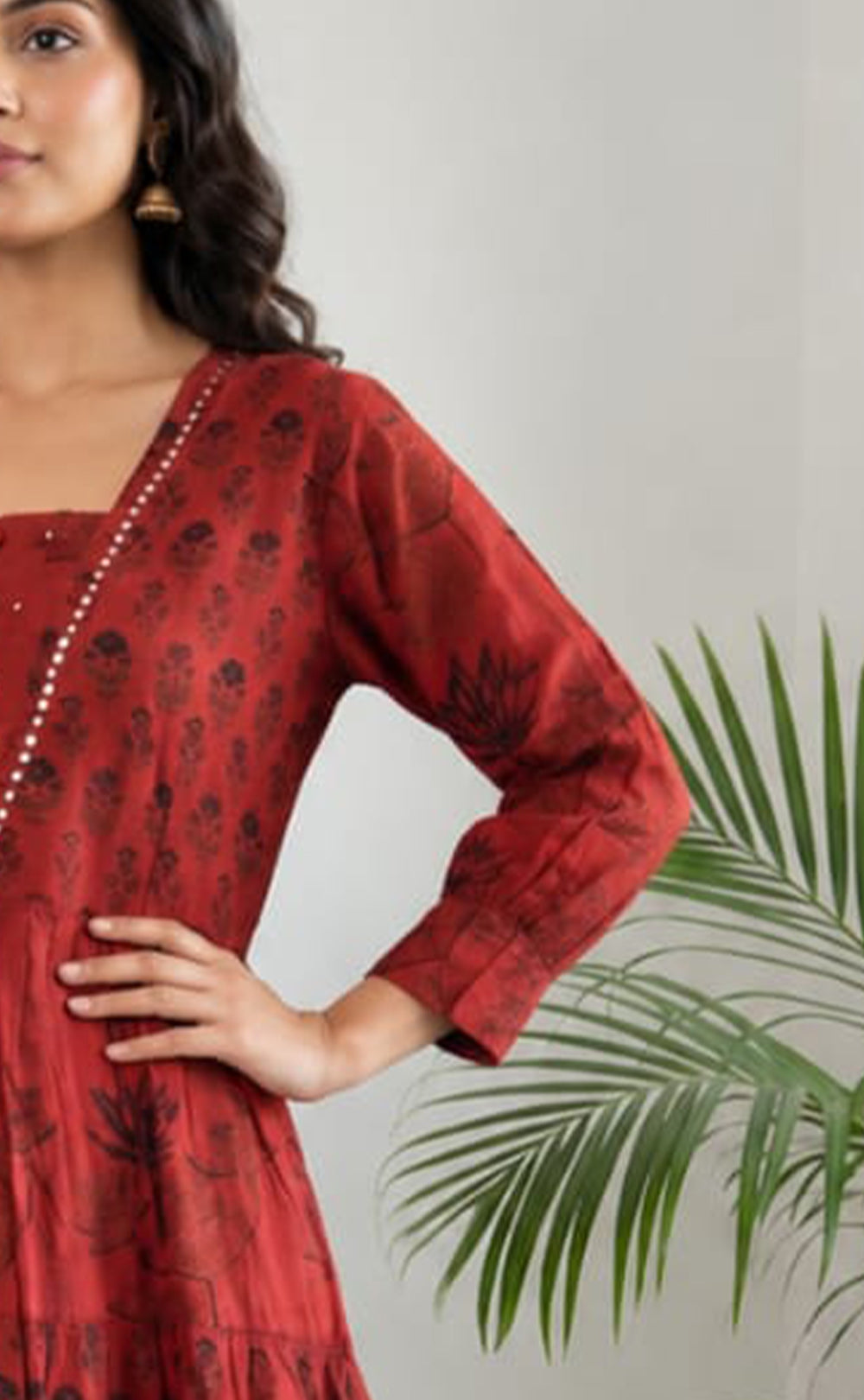 Marron Cotton All-Over Floral Printed Flare Kurti