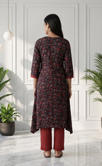 Black And Marron Cotton All-Over Printed Patiyala Set