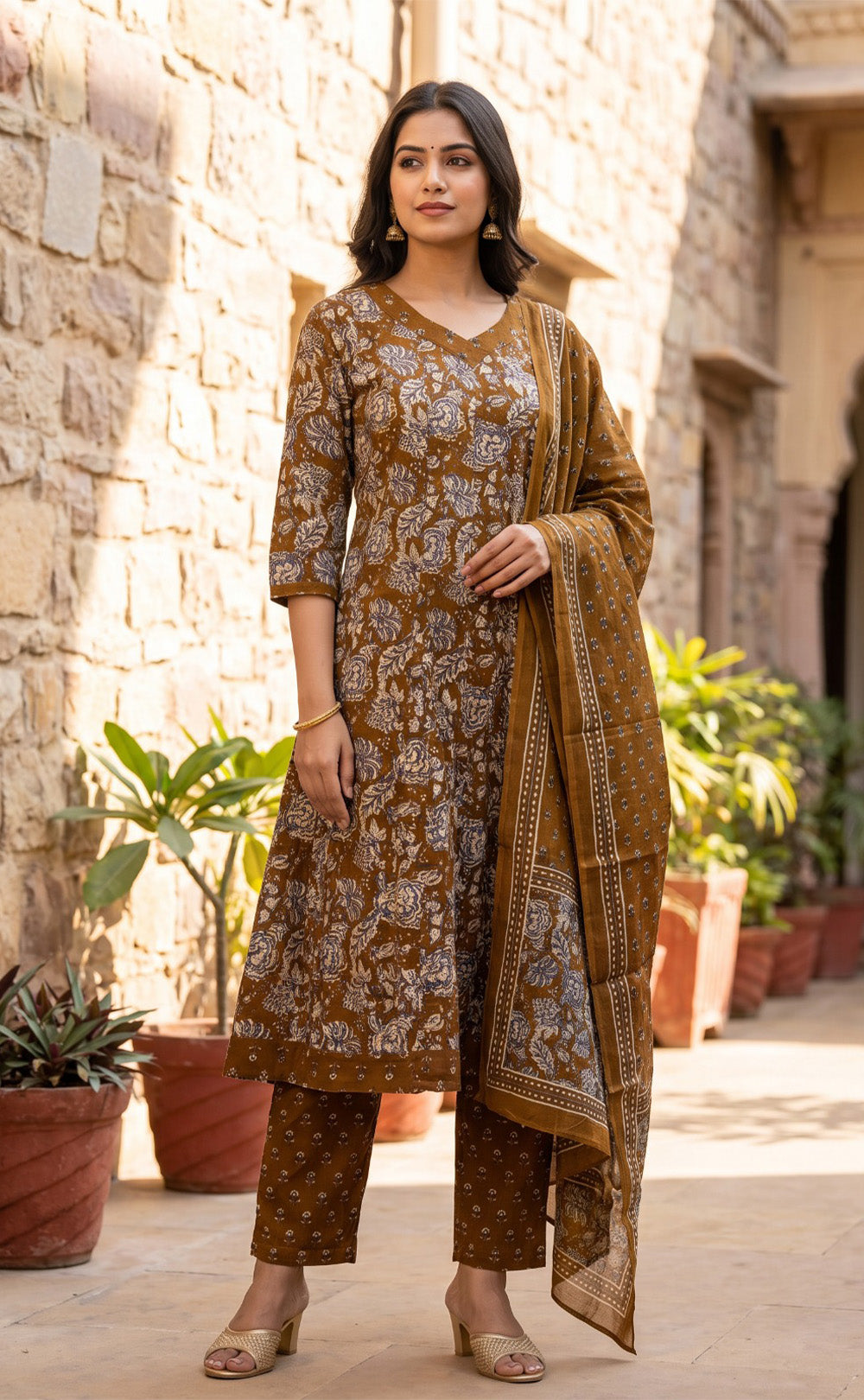 Mustard Yellow Cotton All-Over Floral Printed Patiyala Set
