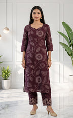 Deep Wine Cotton Leaf Printed Patiyala Set