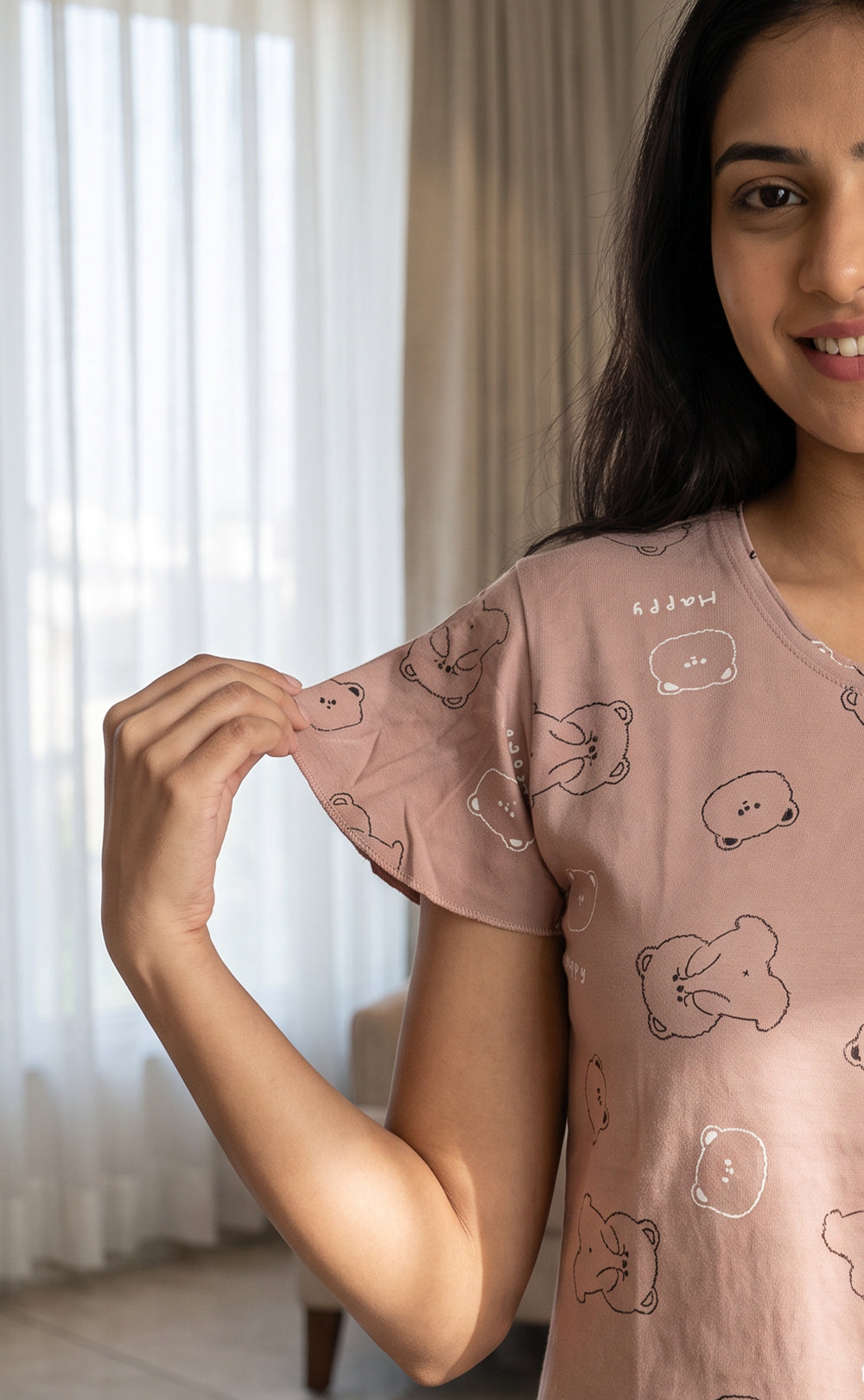 Coffee Brown All-over Teddy Bear Printed Night Suit