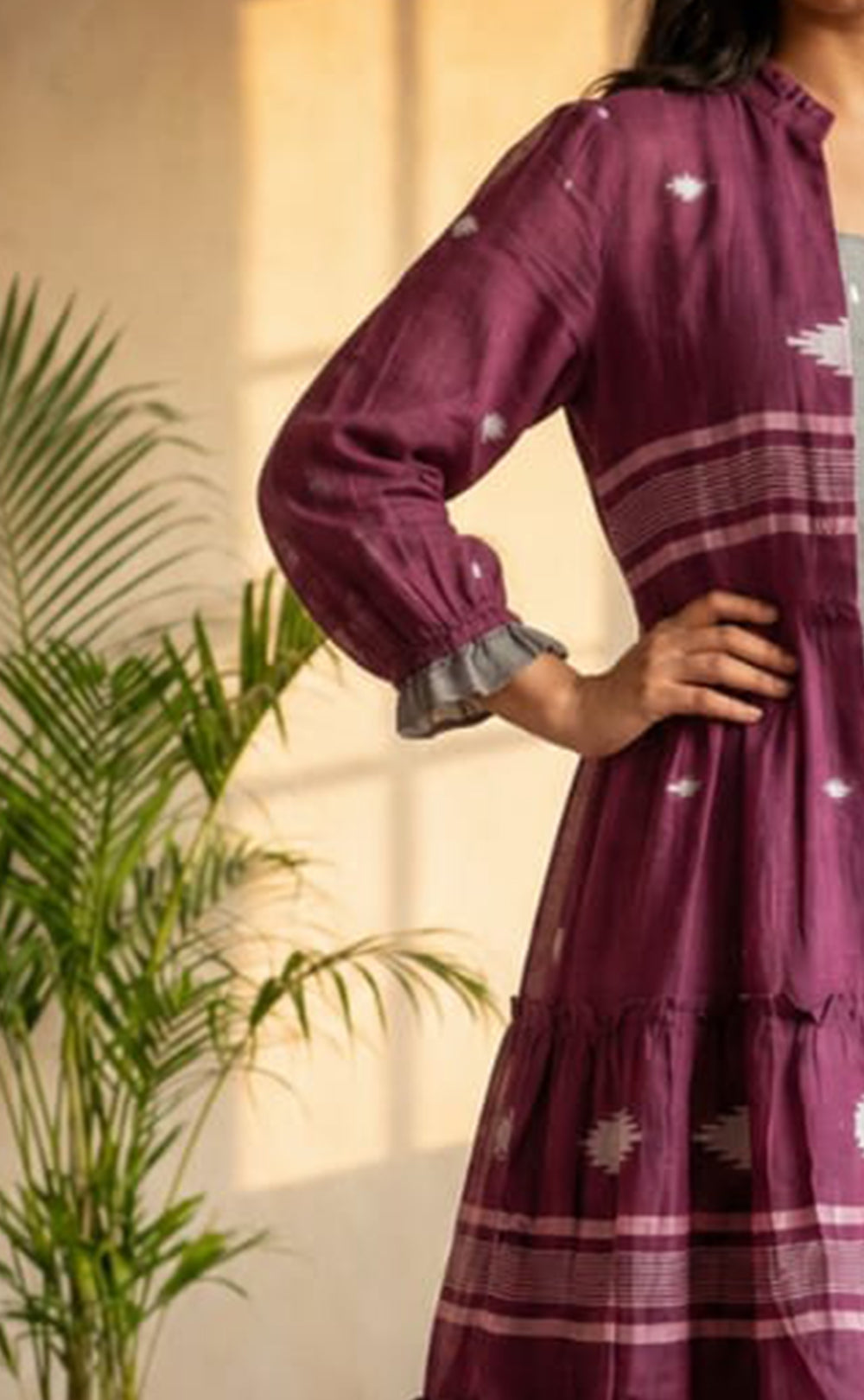 Deep Wine and Grey Cotton All-Over Ikat Print Indo Western