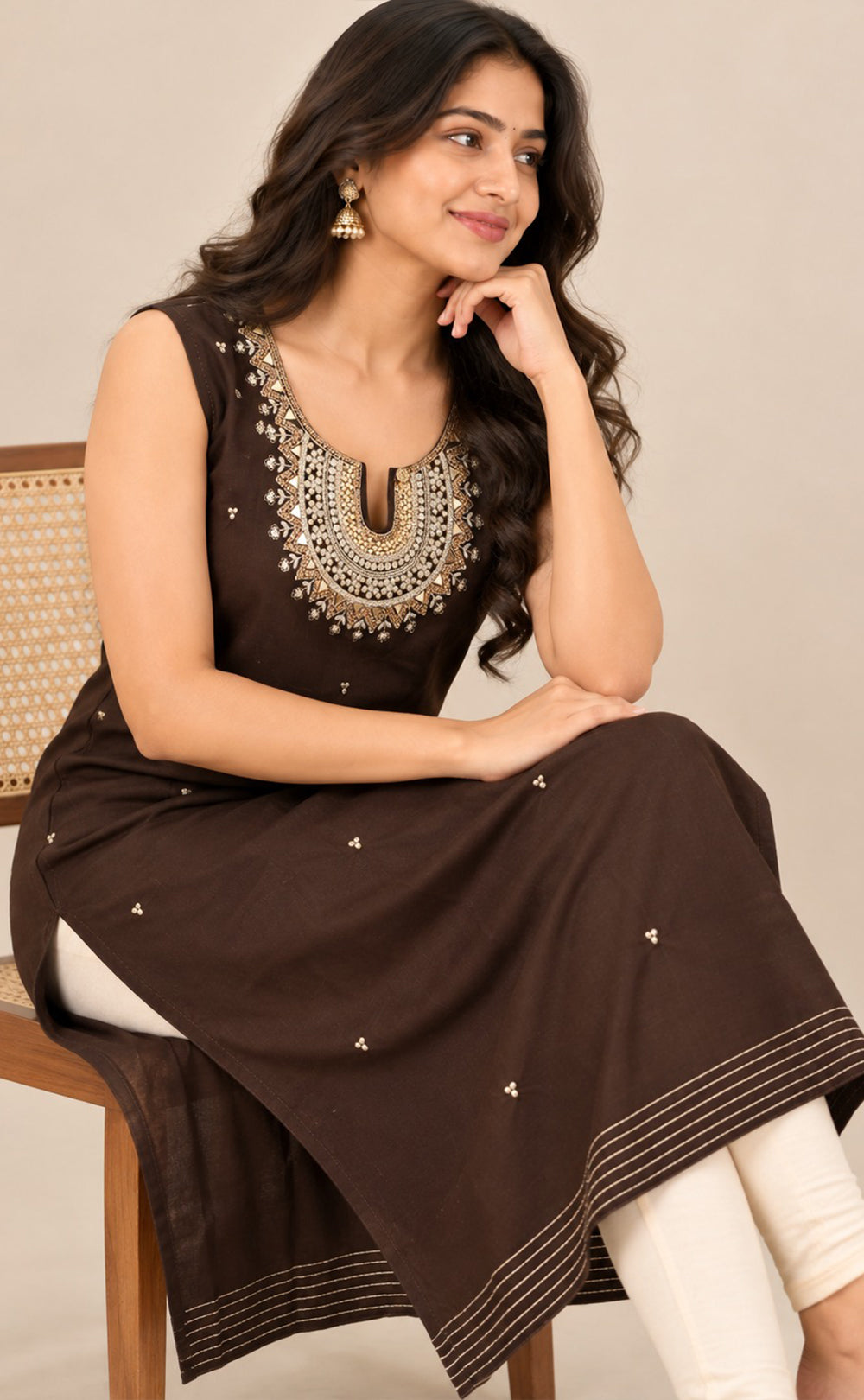 Dark Chocolate Brown Vichitra Silk Mirror Work Straight Kurti