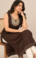 Dark Chocolate Brown Vichitra Silk Mirror Work Straight Kurti