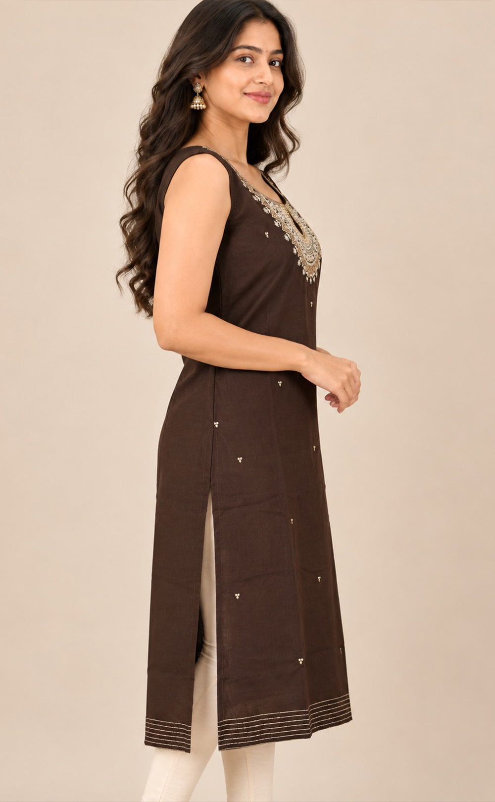 Dark Chocolate Brown Vichitra Silk Mirror Work Straight Kurti