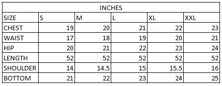 Size chart in inches