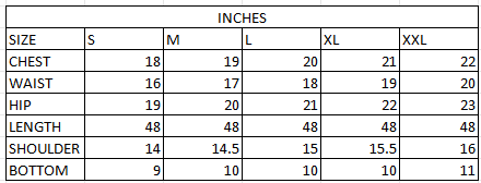 Size chart in inches
