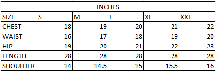 Size chart in inches