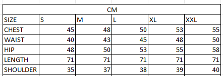 Size chart in cm