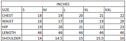 Size chart in inches