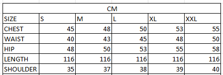 Size chart in cm