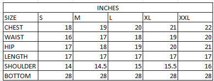 Size chart in inches
