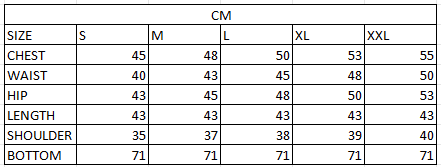 Size chart in cm