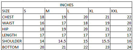 Size chart in inches