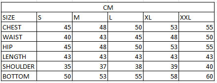 Size chart in cm