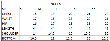 Size chart in inches