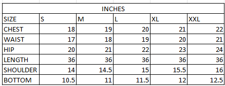 Size chart in inches