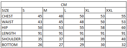 Size chart in cm