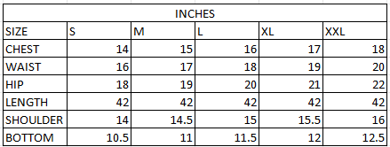 Size chart in inches