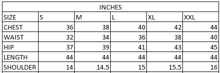 Size chart in inches