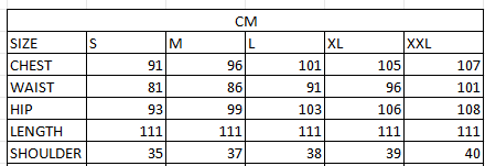 Size chart in cm