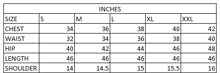 Size chart in inches