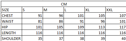 Size chart in cm
