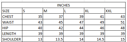 Size chart in inches