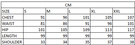 Size chart in cm