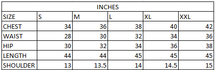Size chart in inches
