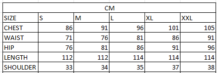 Size chart in cm