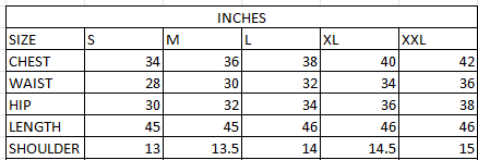 Size chart in inches