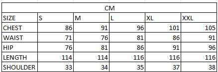 Size chart in cm