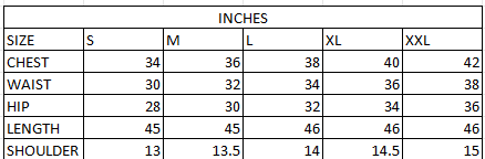 Size chart in inches