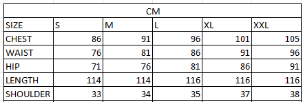 Size chart in cm