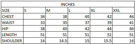 Size chart in inches