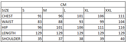 Size chart in cm