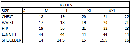 Size chart in inches