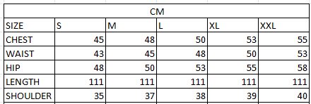 Size chart in cm