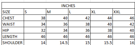 Size chart in inches